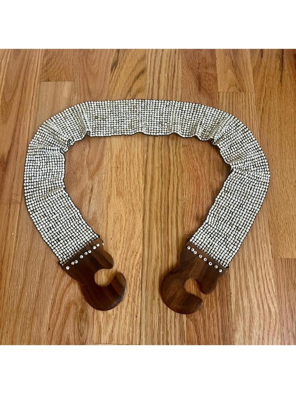Anthropologie White Beaded Wide Waist Belt Carved Wood Buckle Boho Statement